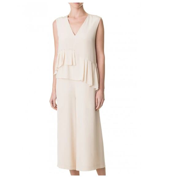 Tibi Silk Ruffle Jumpsuit Culotte Cream Sleeveless Pleated Women's Size 4 - Picture 1 of 8